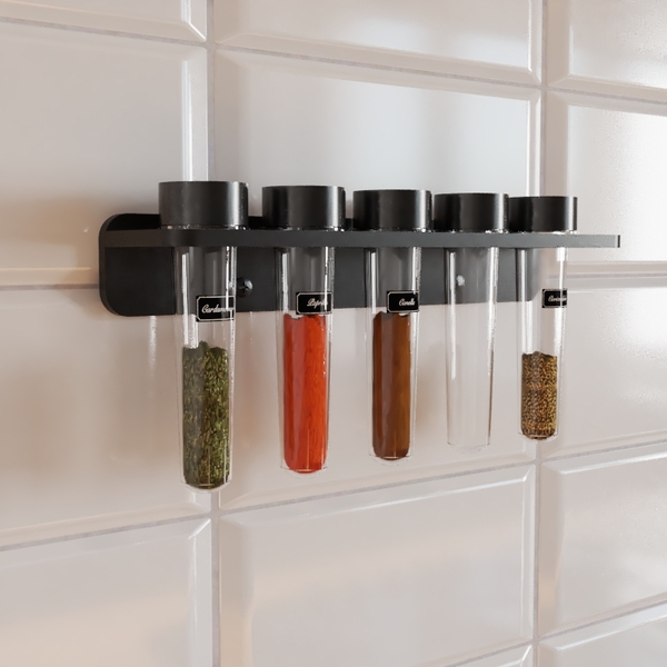 Porta Temperos De Parede Cozinha  Com 5 Tubetes Preto