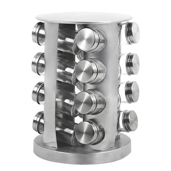 Porta Temperos Inox E Vidro Com Suporte Giratório 16 Peças