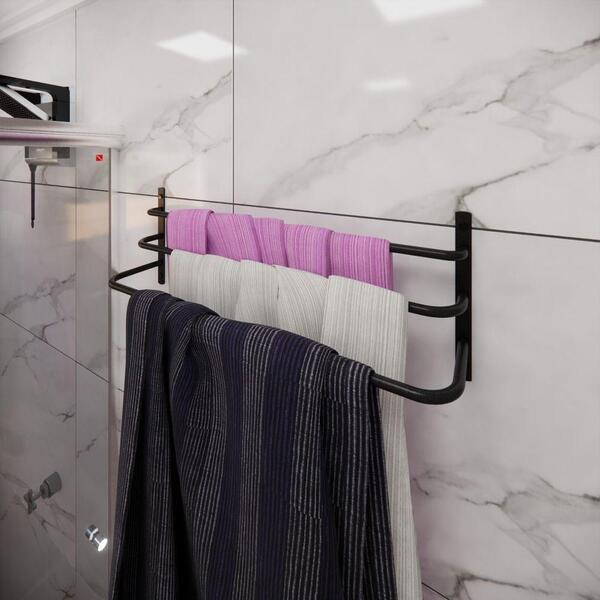 Porta Toalha Banheiro Triplo Parede Preto Elegance 60cm