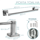 Porta Toalha de Banho Cromado Toalheiro Reto 40cm Metal Barra