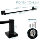Porta Toalha De Banho Preto Fosco Suporte Banheiro Barra 60cm
