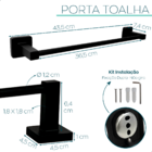 Porta Toalha De Banho Preto Fosco Toalheiro Reto 40cm Metal B