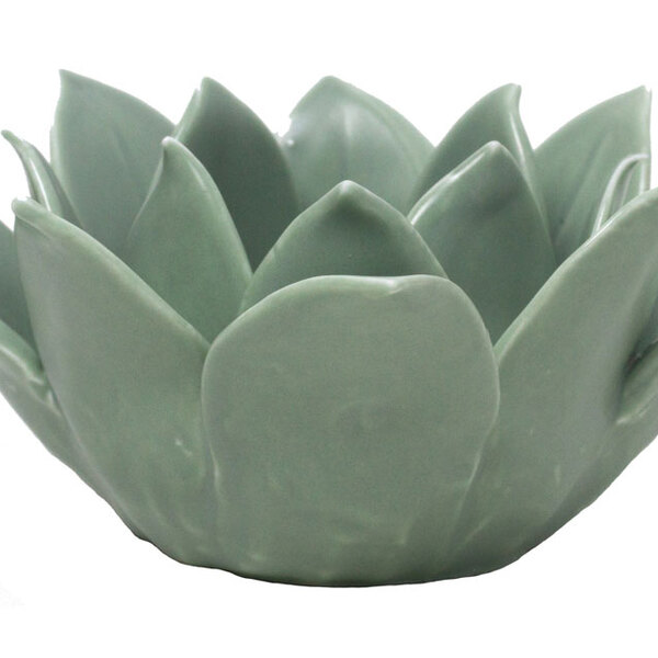 Porta Vela Em Cerâmica Flor Verde 12x5cm