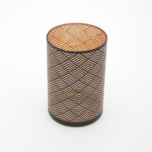 Porta velas vidro com estampa geométrica Mart preto e cobre 1