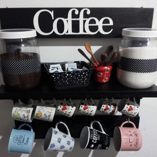 Porta Xícaras Com Prateleira 14 Cm Cor Preto Rústico