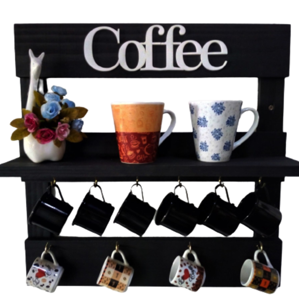 Porta Xícaras Com Prateleira  Na Cor Preto Rústico