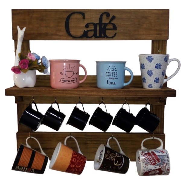 Porta Xícaras Com Prateleira Na Cor Marrom Rústico