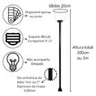 Poste E Luminária Colonial Globo P De Jardim Preto 200cm