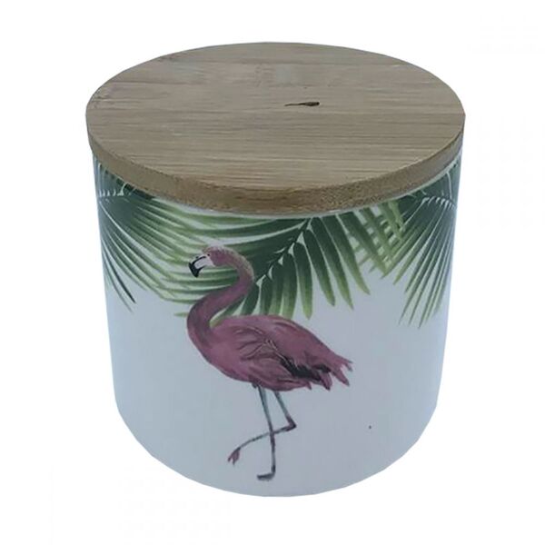 Pote Ceramica Com Tampa De Madeira Flamingo 10 5cm X 10 5cm