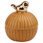 Pote De Ceramica Bege Com Passaro Dourado 8cm X 8cm X 10cm