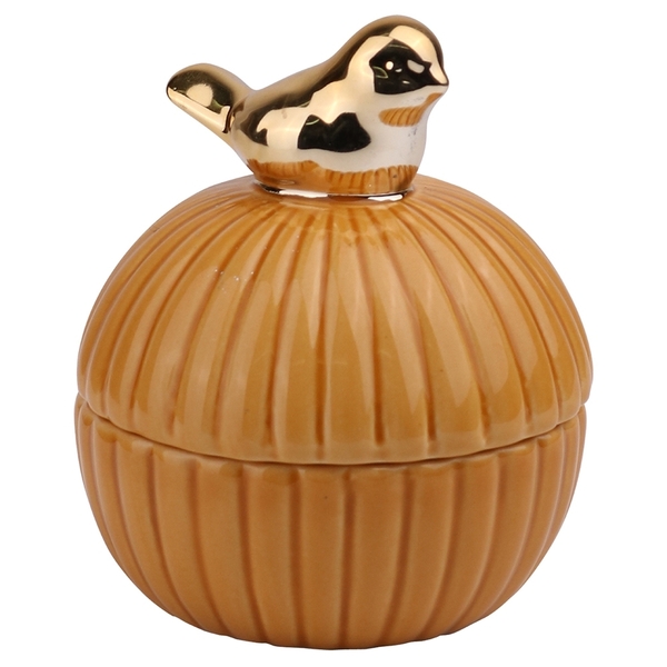 Pote De Ceramica Bege Com Passaro Dourado 8cm X 8cm X 10cm