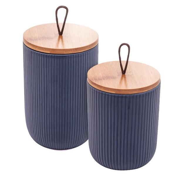 Pote De Cerâmica Hermético Com Tampa De Bambu Azul Marinho 2