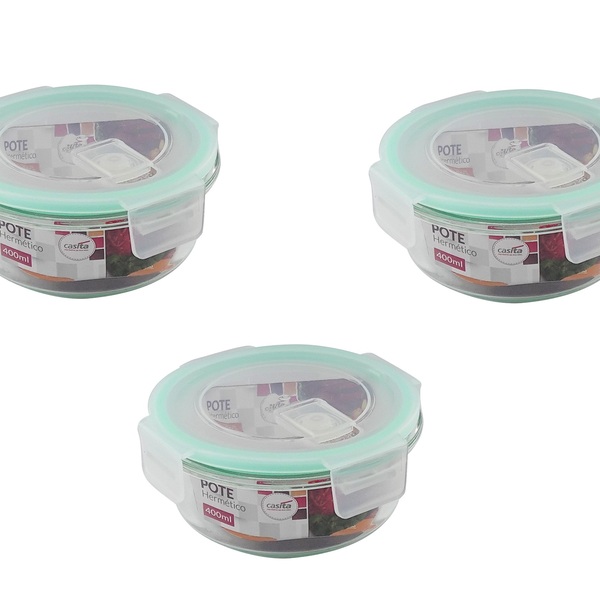 Pote De Vidro 400ml 3 Peças Com Fechamento Hermético 4 Travas
