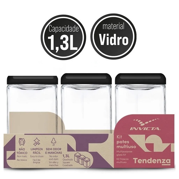 Pote De Vidro Com Tampa Tendenza 1 3l Kit 3 Peças Invicta - P