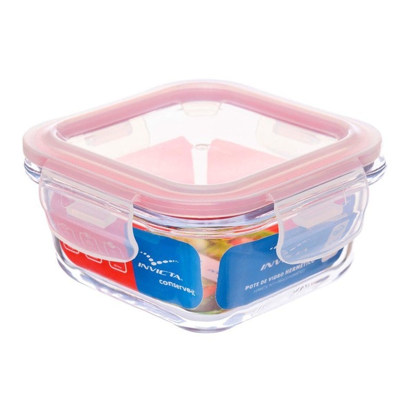 Pote De Vidro Hermético Invicta Quadrado Com Tampa 320ml.