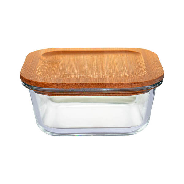 Pote Hermético De Vidro Quadrado Com Tampa De Bambu 500ml - C