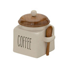 Pote Para Café Bege Hermetico De Cerâmica E Madeira 14cm