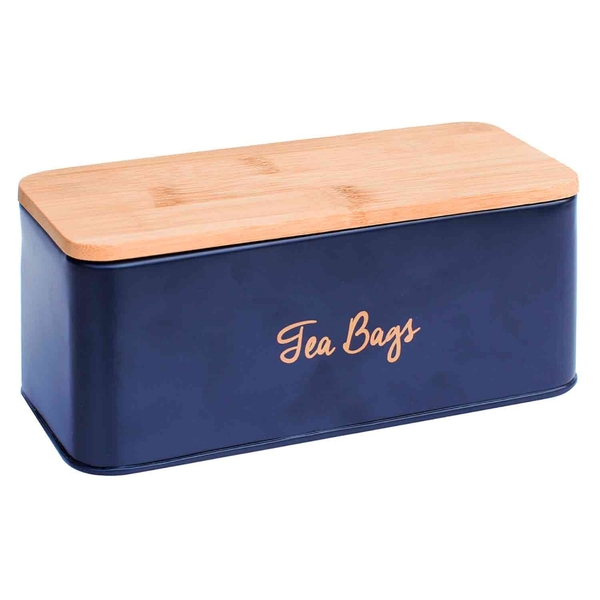 Pote Porta Cha De Ferro Azul Com Tampa De Madeira