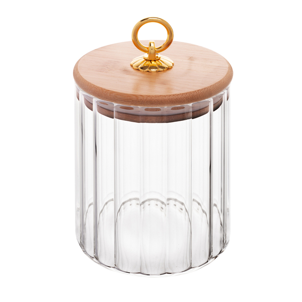 Pote Porta Mantimentos De Vidro Canelado C/tampa De Bambu E P