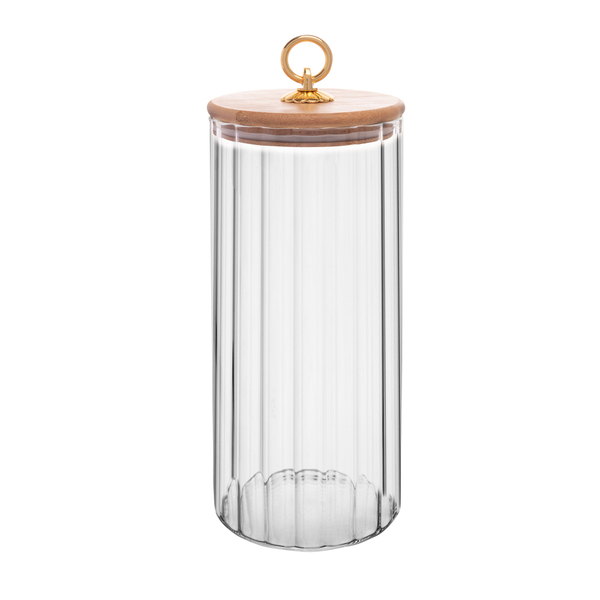 Pote Porta Mantimentos De Vidro Canelado C/tampa De Bambu E P