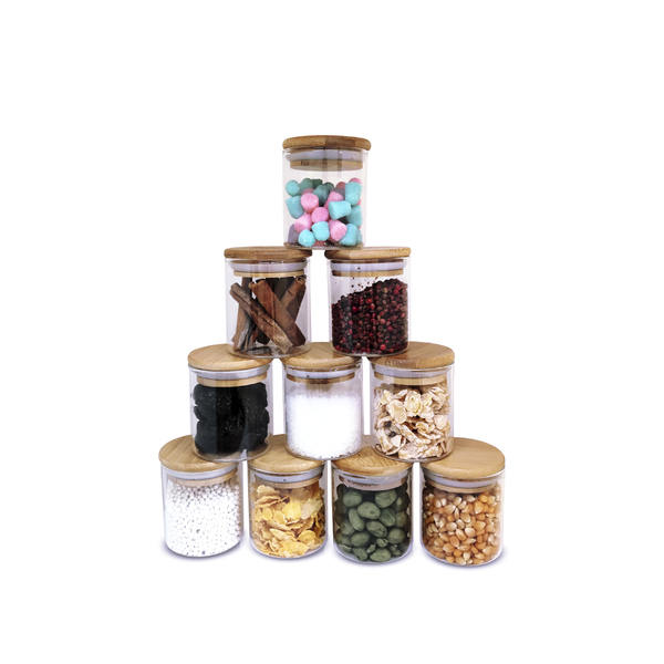 Potes De Vidro P/ Mantimentos 200ml C/ Tampa Bambu - 10 Pçs O