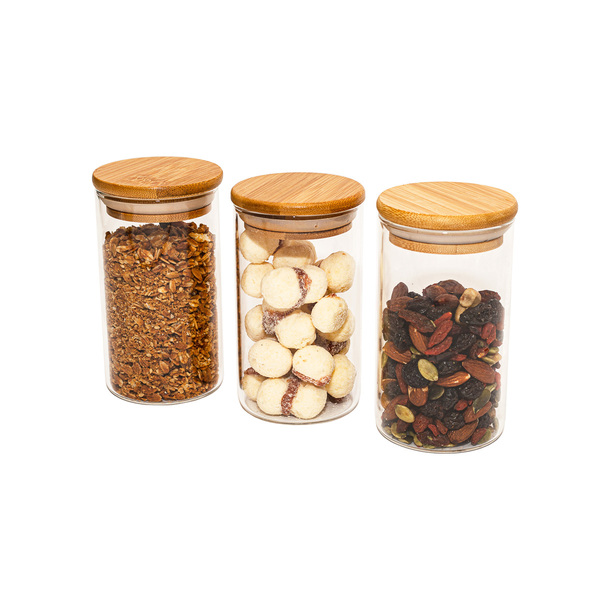 Potes De Vidro P/ Mantimentos 300ml C/ Tampa Bambu - 3 Pçs Oi
