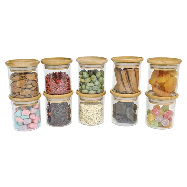 Potes De Vidro P/ Mantimentos C/ Tampa Bambu 200ml - 10 Pçs N