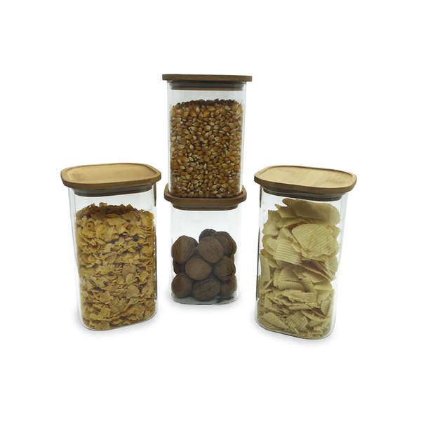 Potes De Vidro P/ Mantimentos C/ Tampa Bambu Oikos - 4 Pçs Na