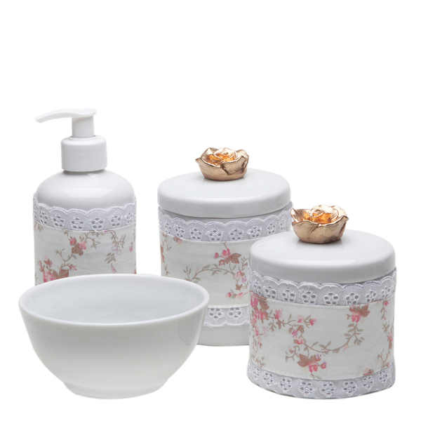 Potes, Molhadeira E Porta Álcool-gel Capa Florzinha Dourada