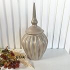 Potiche Cerâmico Com Tampa Trabalhado Ondulação Na Cor Cáqui