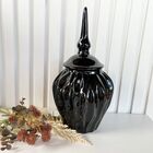 Potiche Cerâmico Com Tampa Trabalhado Ondulação Na Cor Preta