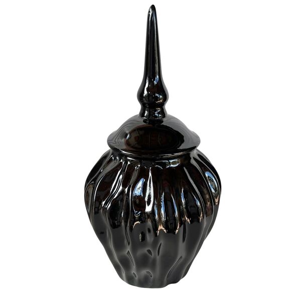 Potiche Cerâmico Com Tampa Trabalhado Ondulação Na Cor Preta