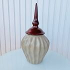 Potiche De Cerâmica Cáqui Com Tampa Trabalhado Ondulação