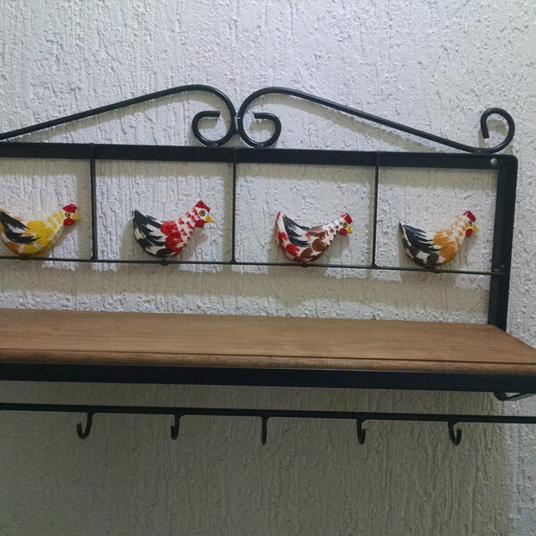 Prateleira Cozinha Ferro Galinhas Madeira 60 Cm Largura