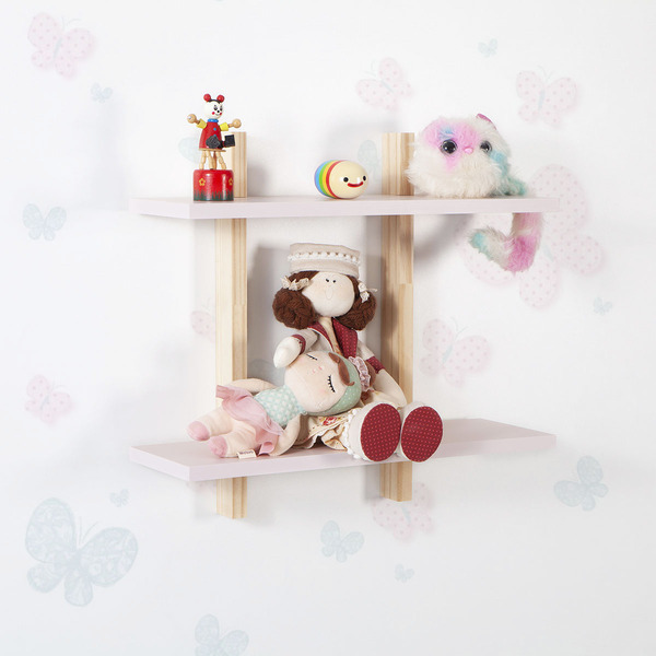 Prateleira Dupla Quarto Bebê Suporte Pinus E Rosa Milkshake