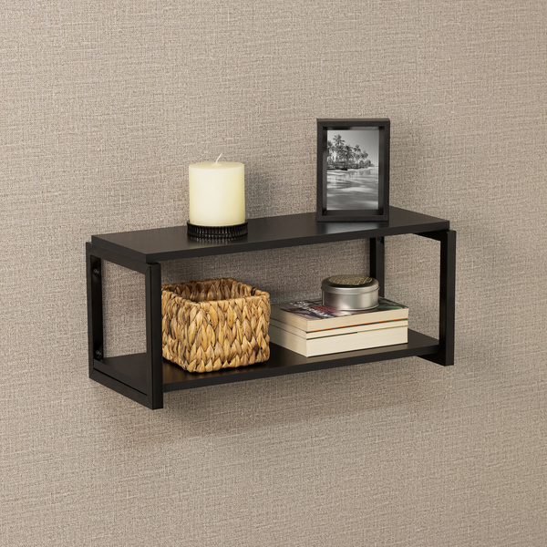 Prateleira Industrial Dupla de Madeira MDP Preta 60x24x24,5cm com Suporte Visível Brasforma