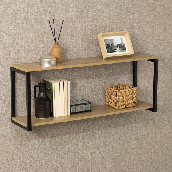 Prateleira Industrial Dupla de Madeira MDP Preta e Teka Madri 90x24x35cm com Suporte Visível Brasforma