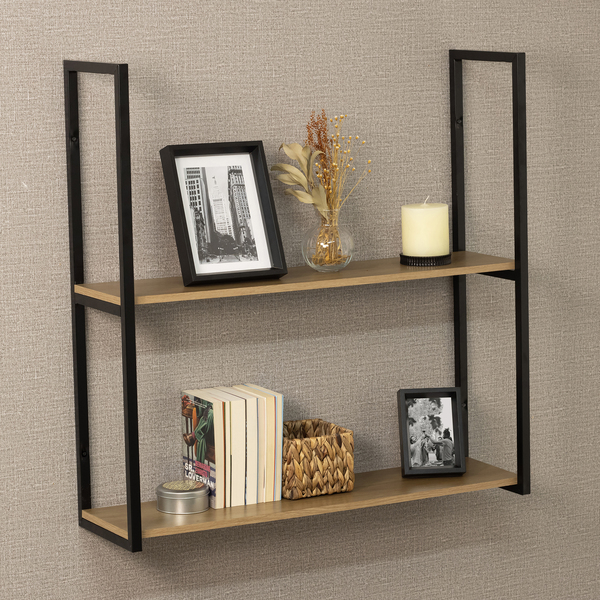 Prateleira Industrial Dupla de Madeira MDP Preta e Teka Madri 90x24x90cm com Suporte Visível Brasforma
