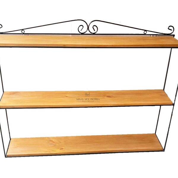 Prateleira Suspensa Tripla Ferro Madeira Cozinha Parede 100 Cm