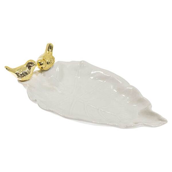 Prato Decorativo Porcelana Formato Folha Passarinho St1884