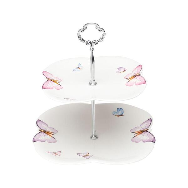 Prato Duplo de Porcelana Branca P/Doces Borboletas 24x25cm Wo