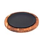 Prato Ferro Fundido Redondo Suporte Madeira Restaurante 24cm