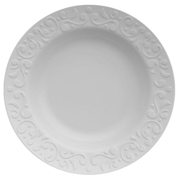 Prato Fundo Germer Branco Redondo 23,5cm Em Porcelana Com Rel