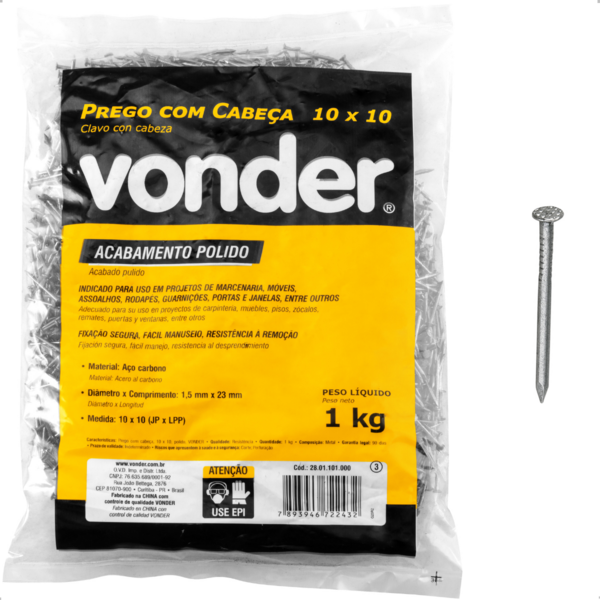 Prego Com Cabeça 10 X 10 (7/8 X 17") Polido 1 Kg Vonder