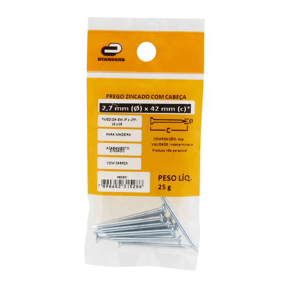 Prego Com Cabeça  Aço Zincado 2,70x41,40mm 16x18 25g