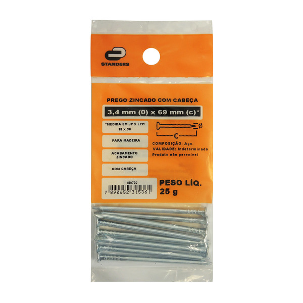 Prego Com Cabeça  Aço Zincado 3,40x69,00mm 18x30 Saquinho