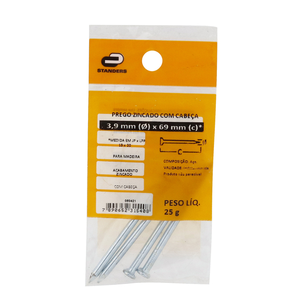 Prego Com Cabeça  Aço Zincado 3,90x69,00mm 19x30 25g