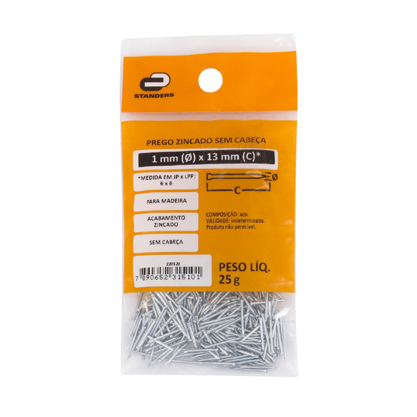 Prego Ferro Polido sem Cabeça 1,1x13,8mm 6x6 25g