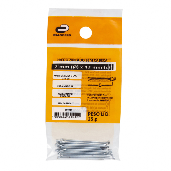 Prego Sem Cabeça Aço Zincado 2,00x41,40mm 13x18 25g