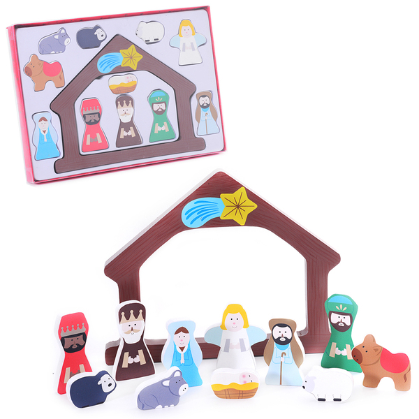 PRESEPIO DE MADEIRA COM BONECOS + ANIMAIS 12 PECAS